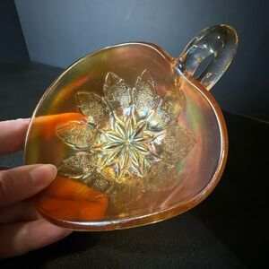 Dugan Leaf Rays Marigold Carnival Glass Ring-Handled Nappy